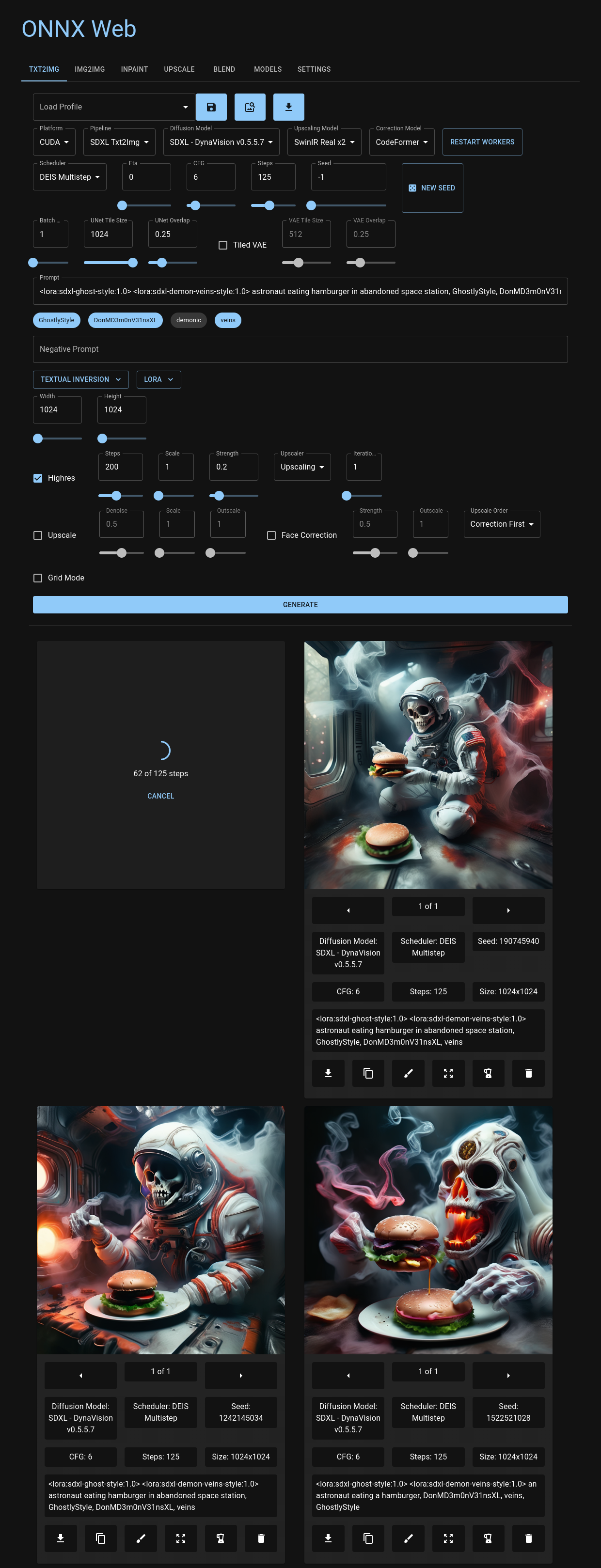 preview of txt2img tab using SDXL to generate ghostly astronauts eating weird hamburgers on an abandoned space station